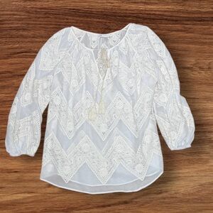 Lavender Brown Off White Sheer Embroidered Lace Blouse Front Tie 3/4 Sleeve Sz L